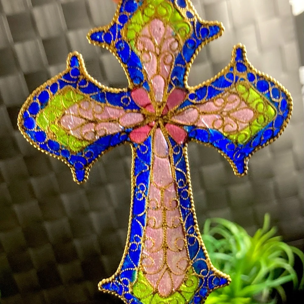 Vintage Plique a Jour CLOISONNE Enamel Stained Glass Floral Cross Ornaments
